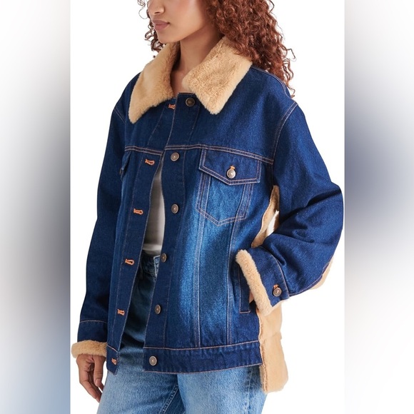 Steve Madden Winona Denim Jacket Faux Fur Blue XS New - Picture 5 of 8